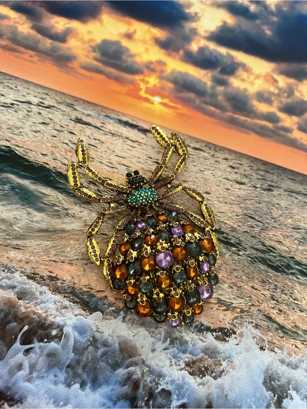 Gold-Tone Crystal Spider Brooch with Amber, Black and Purple Stones